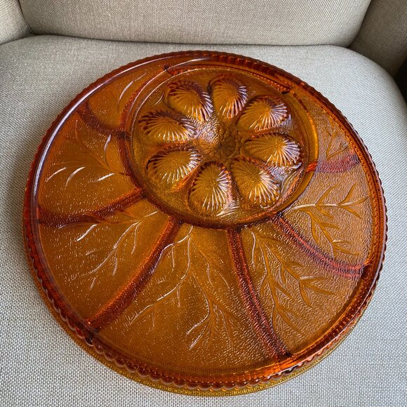 Vintage 13" Amber Indiana Glass Tree of Life deviled egg relish Tray - Picture 3 of 5